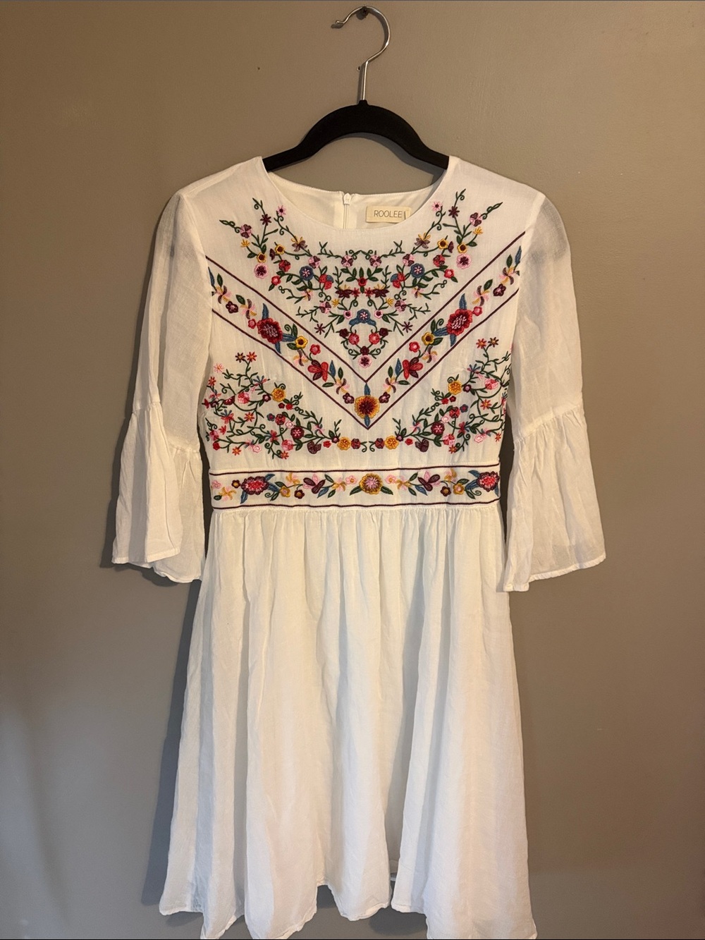 Roolee embroidered  Dress. Off White. Bell sleeves. Size small.
